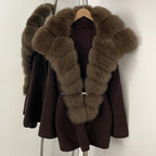 OFTBUY Fashion Belt Warm Sweater Female Natural Fur Loose Cadigan Coat Women Medium Length Knit Jacket with Real Fox Fur Collar
