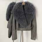 OFTBUY New Autumn Winter Clothes Women Fashion Warm Short Faux Leather Jacket Female Luxury Real Mongolia Sheep Fur Collar Coat