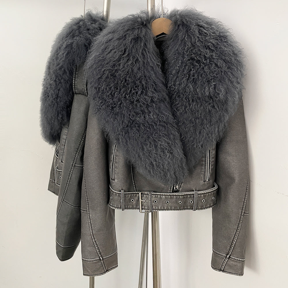 OFTBUY New Autumn Winter Clothes Women Fashion Warm Short Faux Leather Jacket Female Luxury Real Mongolia Sheep Fur Collar Coat