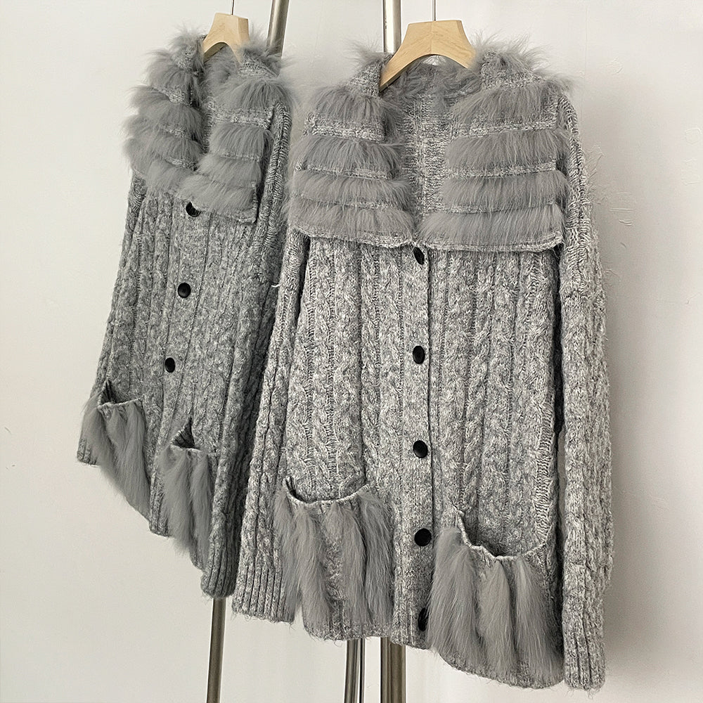 OFTBUY New Spring Warm Top Knitted Clothing Female Oversize Resl Fox Fur Cardigan Sweater Coat Women Loose Knitting Knitwear