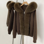OFTBUY Luxury Viscose Blend Knitted Jacket with Real Fox Fur Hood & Trim - Premium Zip-Up Sweater with Oversized Fur Collar