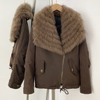 Full front view of dual zip snap closure fox fur duck down parka