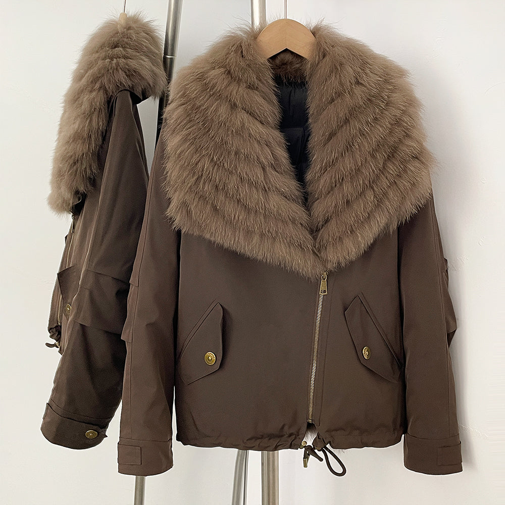 Full front view of dual zip snap closure fox fur duck down parka