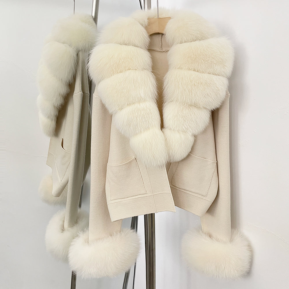 OFTBUY Loose Fit Warm Winter Fashion Lady Outerwear Sweater Female New Women's Knit Cardigan with Large Real Fox Fur Collar