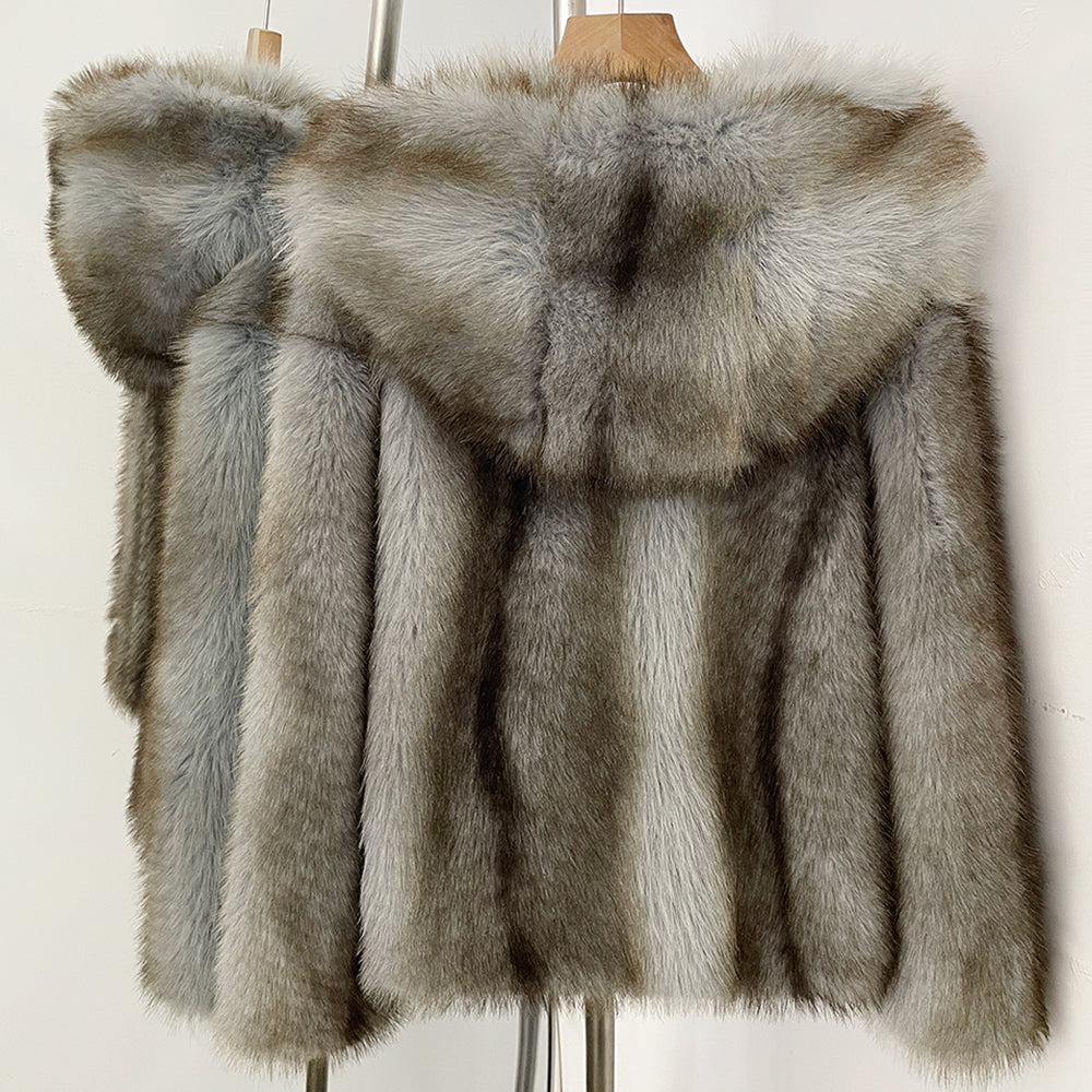 OFTBUY Luxury Hooded Faux Fur Jacket - Premium Vegan Silver Fox Style Cropped Winter Coat