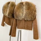 OFTBUY Luxury Suede Jacket with Real Rabbit Fur Lining & Oversized Fox/Raccoon Fur Collar
