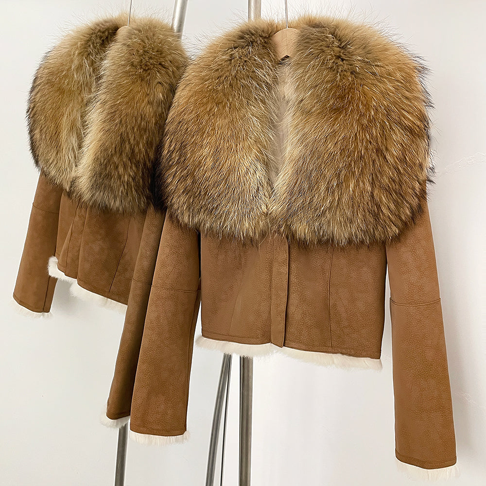 OFTBUY Luxury Suede Jacket with Real Rabbit Fur Lining & Oversized Fox/Raccoon Fur Collar