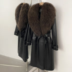OFTBUY New Women's Long Faux Leather Trench Coat with Real Mongolian Sheep Fur Collar Belted Waist Luxury Jacket Warm Outerwear