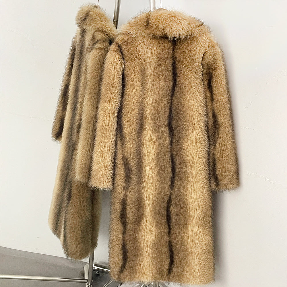 OFTBUY Luxury Long-Line Notch Lapel Faux Fur Coat - Elegant Winter Vegan Fur Overcoat