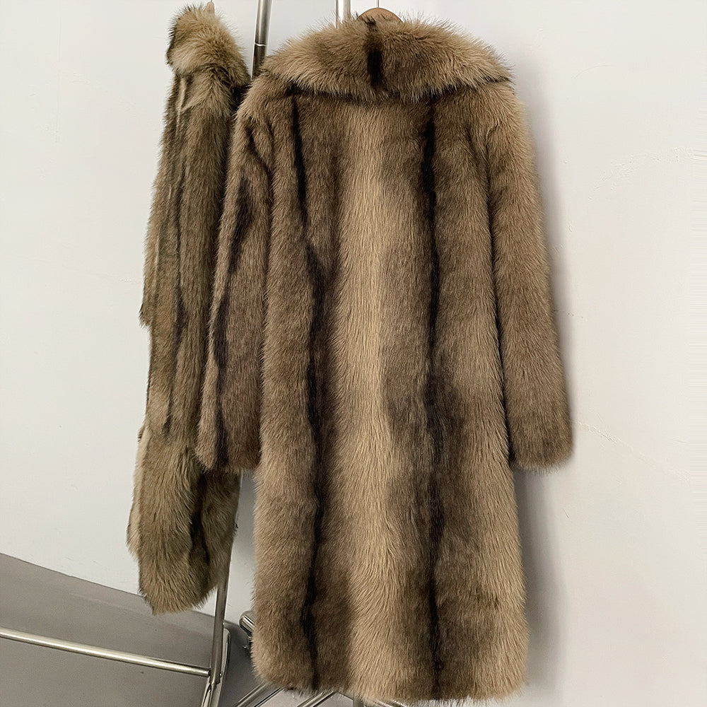 OFTBUY Luxury Long-Line Notch Lapel Faux Fur Coat - Elegant Winter Vegan Fur Overcoat