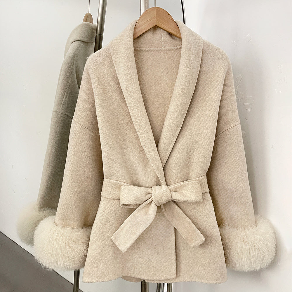 OFTBUY Belted Warm Winter Elegant Fashion Outerwear Wool Jacket Lady New Women's Double-Faced Wool Coat with Real Fox Fur Cuffs