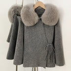 OFTBUY Women's Real Fox Raccoon Fur Collar Knit Wrap Coat Drawstring Waist Autumn Winter Cardigan Jacket Female Luxury Outerwear