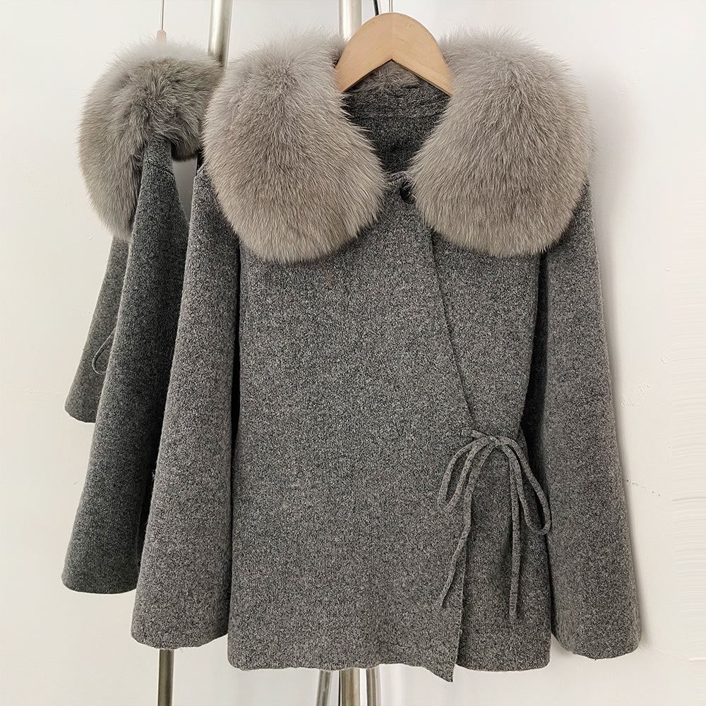 OFTBUY Women's Real Fox Raccoon Fur Collar Knit Wrap Coat Drawstring Waist Autumn Winter Cardigan Jacket Female Luxury Outerwear