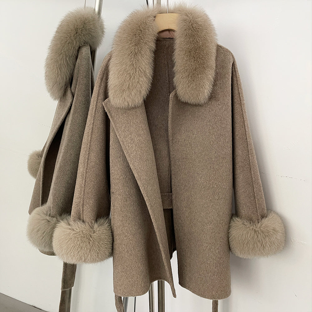 OFTBUY Belted Waist Elegant Winter Luxury Woolen Outerwear Female New Women's Wool Coat Large Real Fox Fur Collar and Cuffs