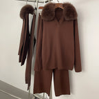 OFTBUY Knitted Pant Set Female Fashion Warm Real Fox Fur Sweater Lady New Autumn Winter Plus Size Woman Clothes Outfits Knitwear
