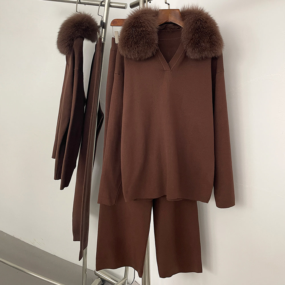 OFTBUY Knitted Pant Set Female Fashion Warm Real Fox Fur Sweater Lady New Autumn Winter Plus Size Woman Clothes Outfits Knitwear