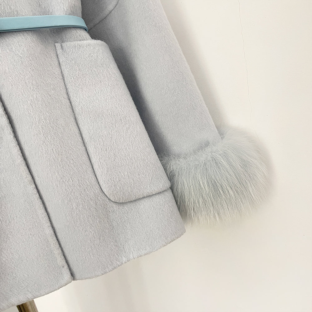 OFTBUY New Autumn Winter Belt Woolen Clothes Women Real Fox Fur Cuffs and Collar 100% Wool Coat Female Natural Fur Pocket Jacket