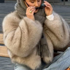 OFTBUY Cropped Faux Fox Fur Jacket