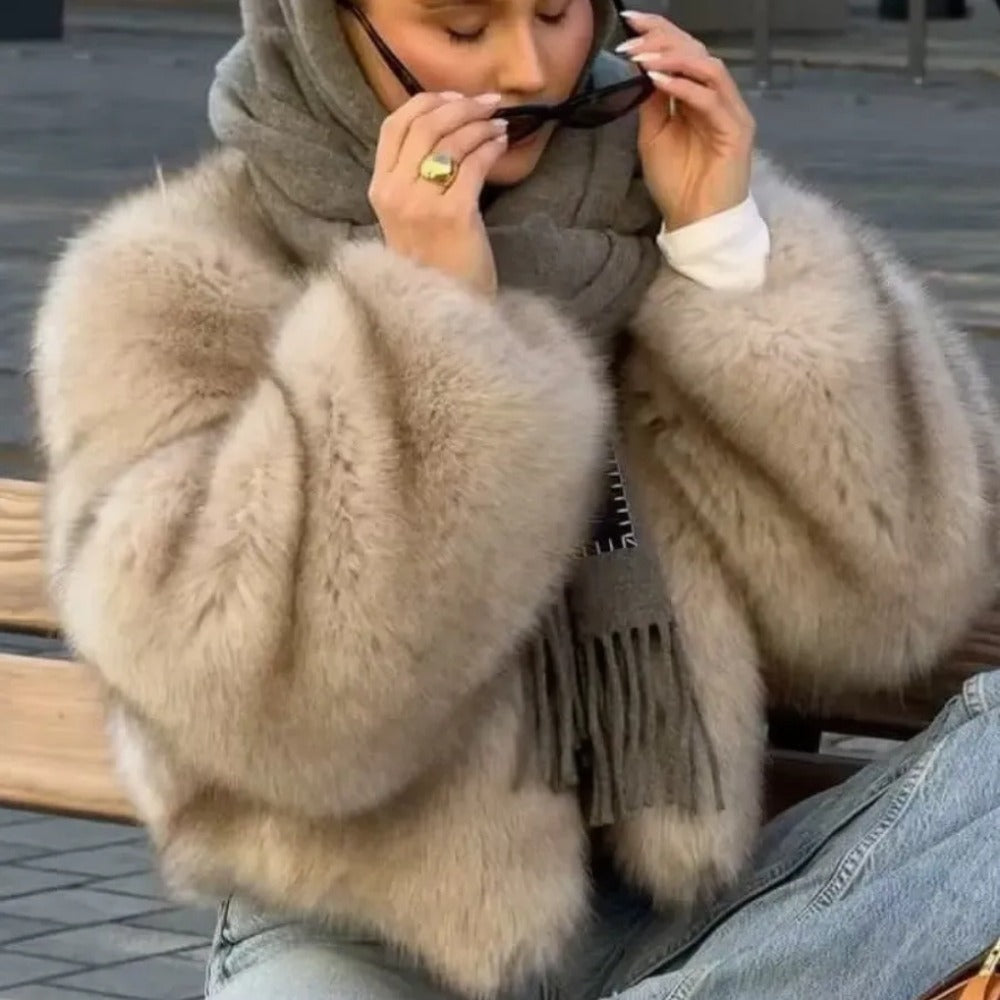 OFTBUY Cropped Faux Fox Fur Jacket