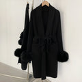 OFTBUY Women's Black Knit Cardigan with Real Fox Fur Cuffs Belted Long Sleeve Sweater Coat Female Warm Winter Outerwear