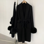 OFTBUY Women's Black Knit Cardigan with Real Fox Fur Cuffs Belted Long Sleeve Sweater Coat Female Warm Winter Outerwear