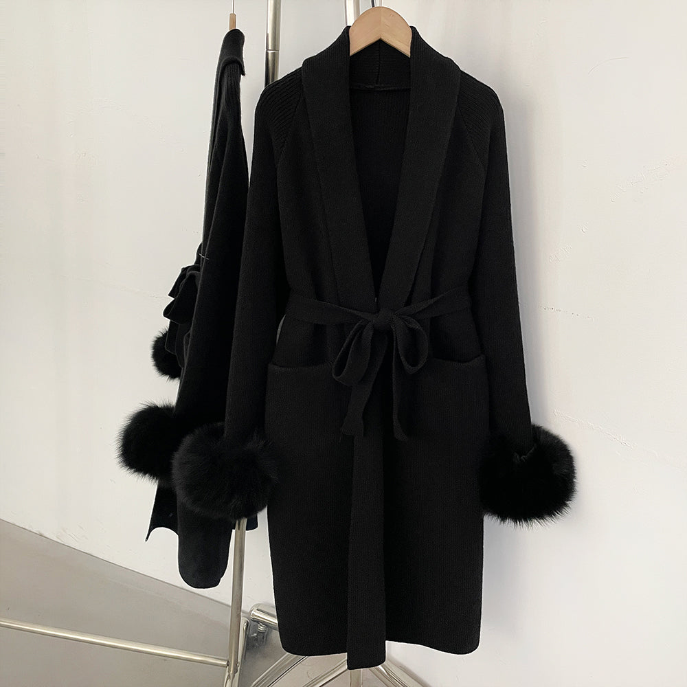 OFTBUY Women's Black Knit Cardigan with Real Fox Fur Cuffs Belted Long Sleeve Sweater Coat Female Warm Winter Outerwear