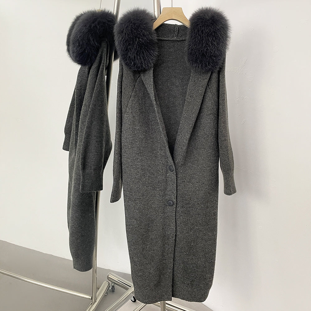 OFTBUY Hooded Long Knitted Cardigan Women Fashion New Spring Autumn Clothes Female Thick Warm Real Fox Fur Knitting Jacket Lady