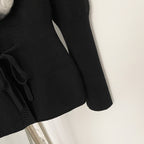 OFTBUY Drawstring Waist Slim Fit Jacket Warm Winter Outerwear New Women's 100% Cotton Knit Cardigan with Striped Rex Rabbit Fur