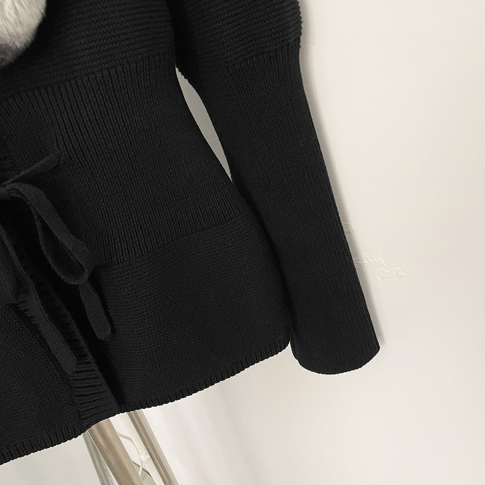 OFTBUY Drawstring Waist Slim Fit Jacket Warm Winter Outerwear New Women's 100% Cotton Knit Cardigan with Striped Rex Rabbit Fur