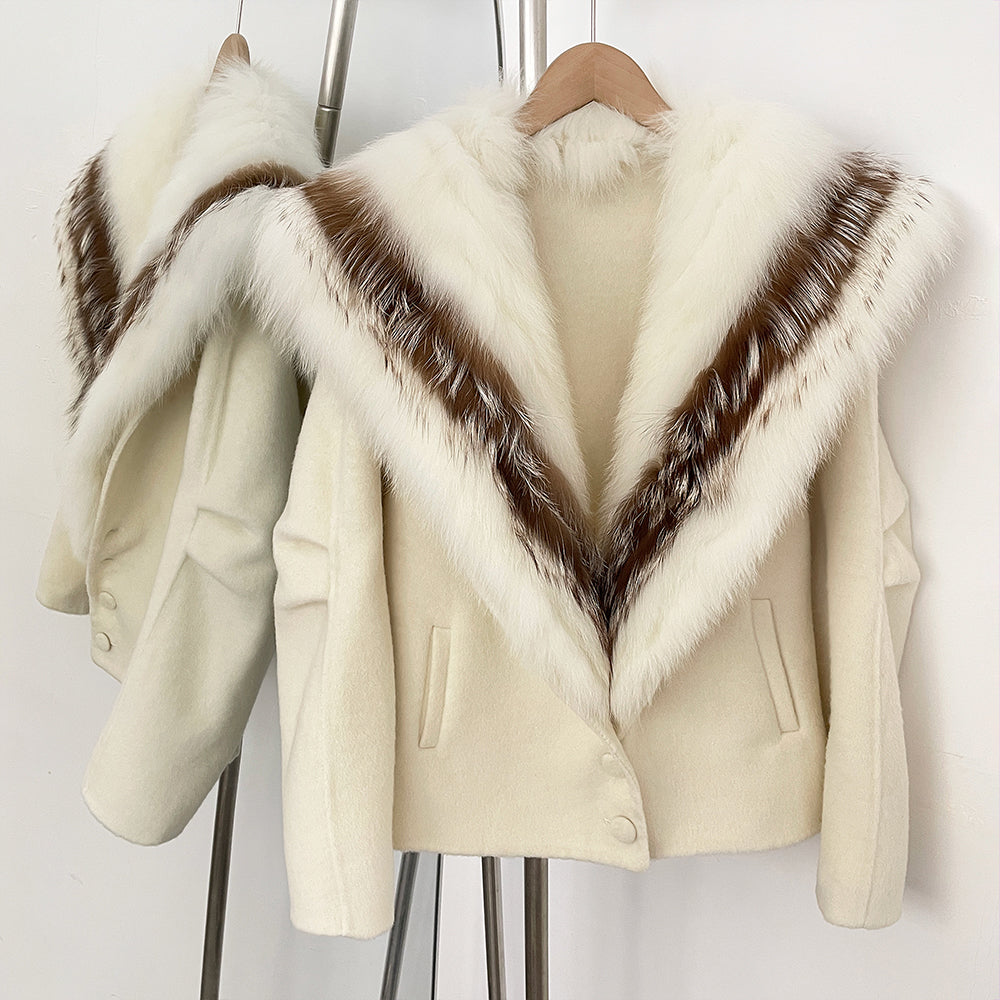 OFTBUY Pockets Warm Winter Luxury Elegant Fashion Outerwear New Women's Double Face Wool Coat with Contrast Real Fox Fur Collar