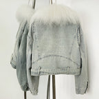 OFTBUY New Casual Fluffy Winter Clothes Women Short Mongolia Sheep Fur Collar Down Denim jacket Female Real Fur Puffer Jacket