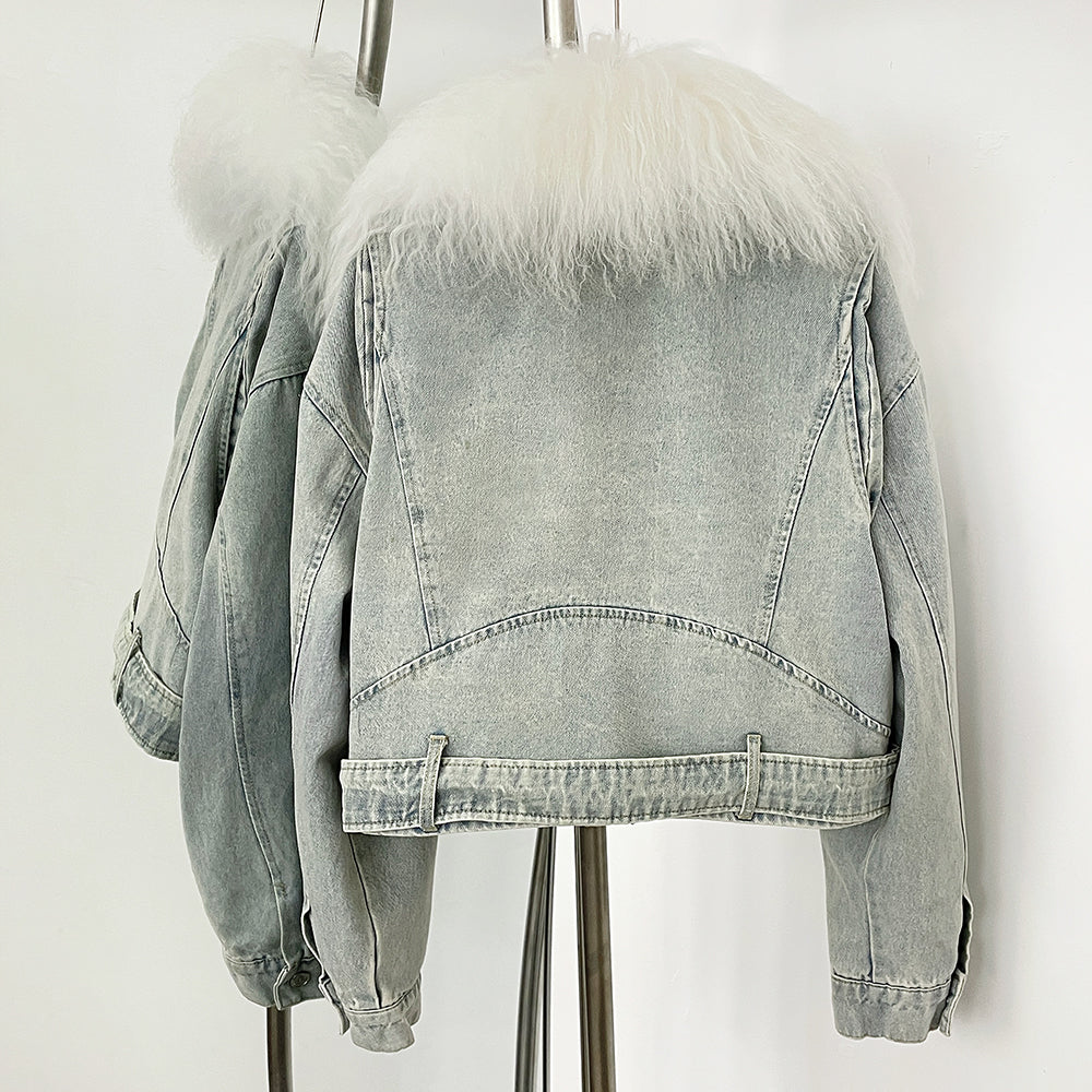 OFTBUY New Casual Fluffy Winter Clothes Women Short Mongolia Sheep Fur Collar Down Denim jacket Female Real Fur Puffer Jacket