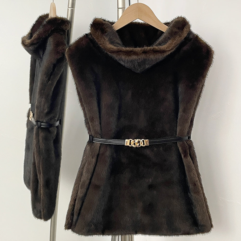 OFTBUY Luxury Sleeveless Faux Fur Jacket Women Fashion New Autumn Winter Fake Fur Clothes Female Warm Thick Belt Artificial Fur Coat