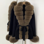 OFTBUY Belt Textured Knit Warm Winter Luxury Outerwear Female Sweater Cardigan New Women's Knit Coat with Large Real Fox Fur