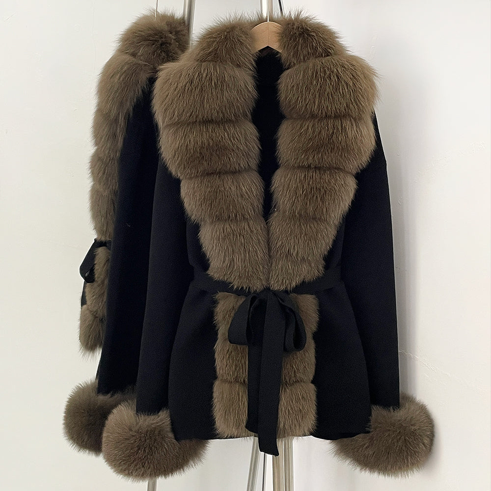 OFTBUY Belt Textured Knit Warm Winter Luxury Outerwear Female Sweater Cardigan New Women's Knit Coat with Large Real Fox Fur