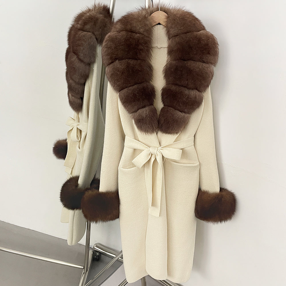 OFTBUY New Cardigan Autumn Winter Long Knit Clothing Women Loose Warm Belt Sweater Jacket with Real Fox Fur Collar and Cuffs