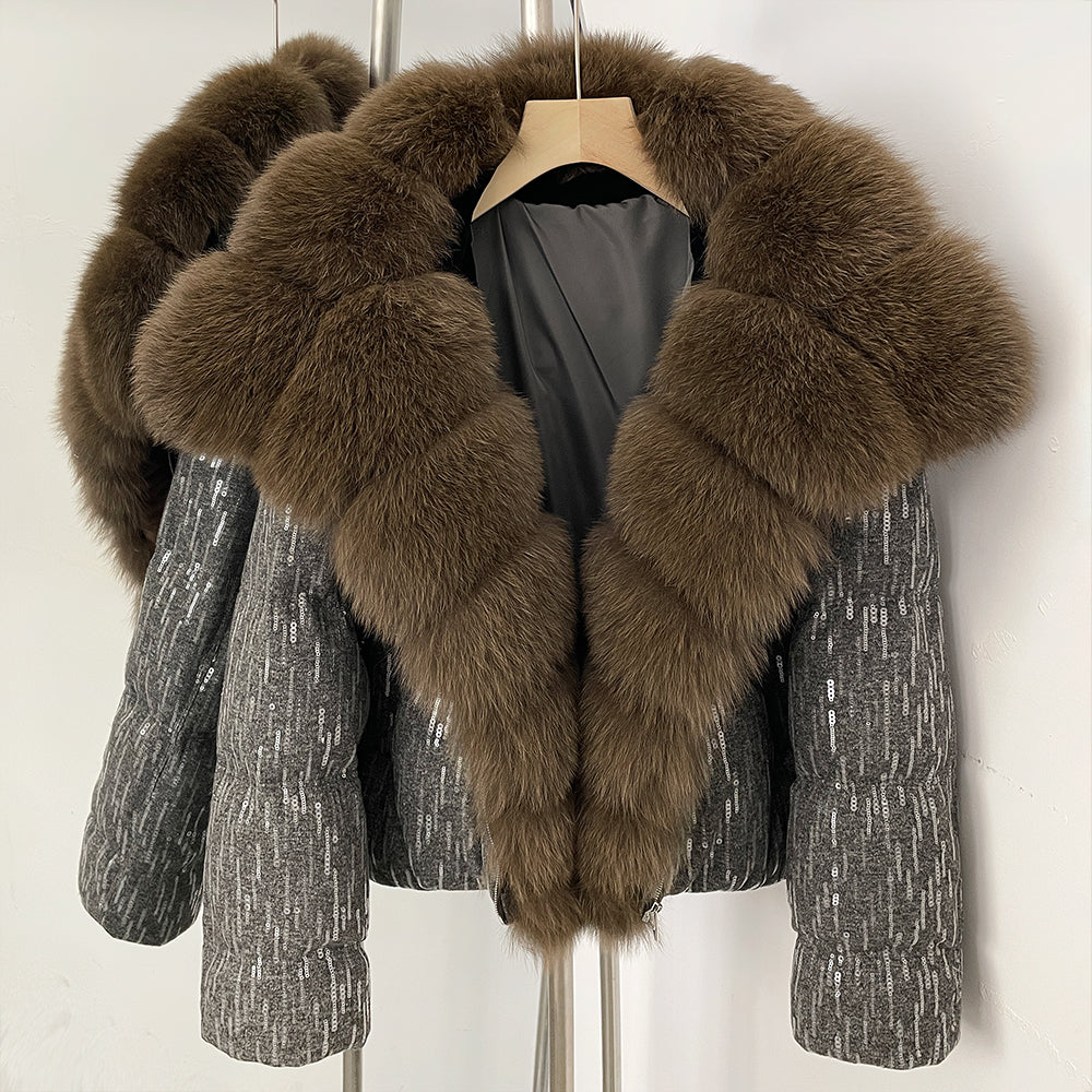 OFTBUY Sequined Duck Down Coat Female New Women's Short Puffer Jacket with Real Fox Fur Collar  Luxury Sparkly Winter Outerwear