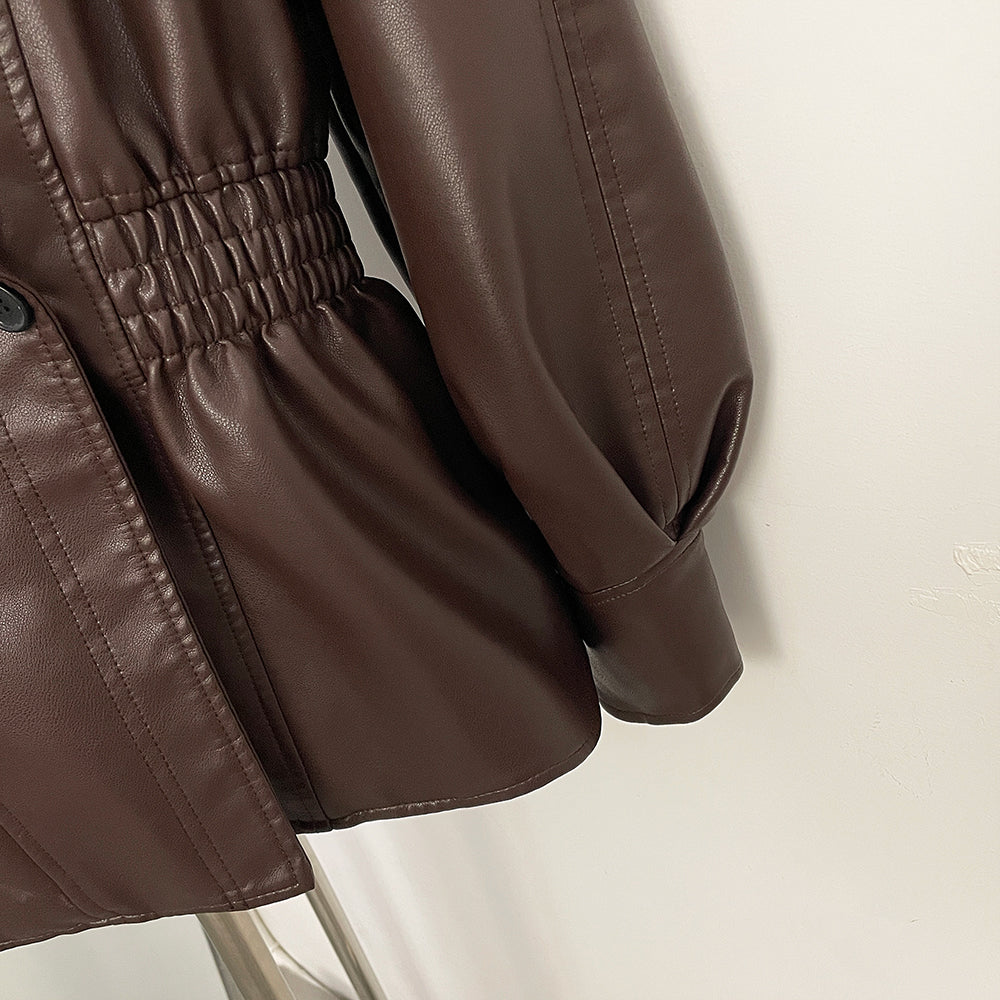 OFTBUY New Women's Faux Leather Jacket Oversized High Neck Zipper Elastic Waist Vintage Coat Female Streetwear Fashion Outerwear
