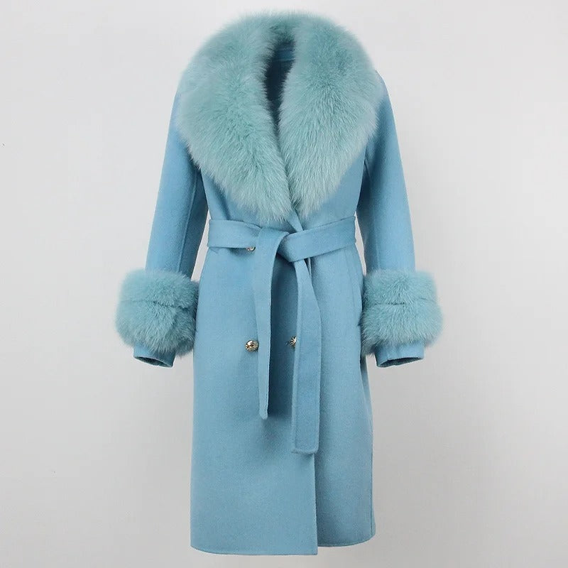 OFTBUY Winter Jacket Women Long Natural Wool Blends Cashmere Real Fur Coat Double Breasted Belt Warm Streetwear New Fashion