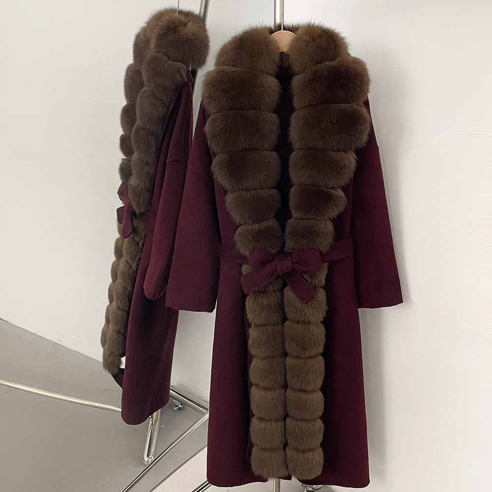 OFTBUY New Autumn Winter Clothes Women Belt Natural Fur Collar Woolen Jacket Long Big Fox Fur Pinnacle 100% Wool Coat Female