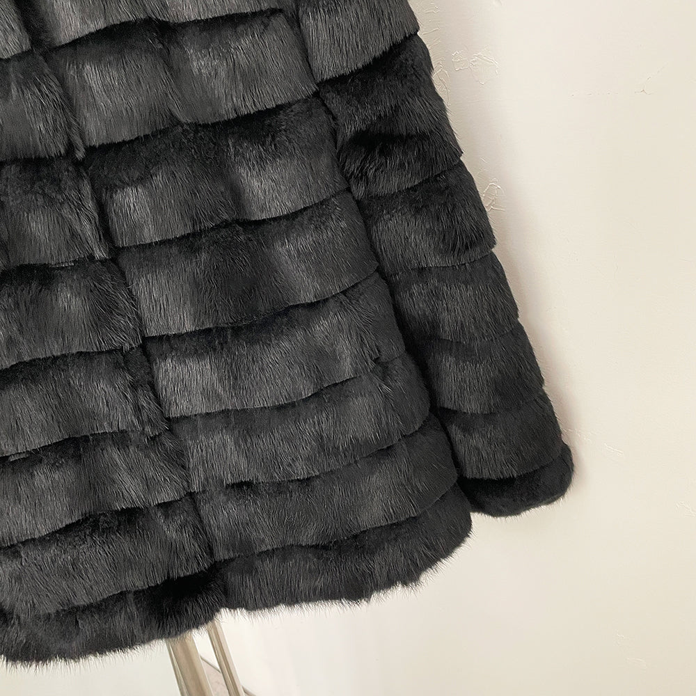 OFTBUY Classic Black 100% Real Rex Rabbit Fur Jacket - Velvet-Soft Tiered Short Winter Coat
