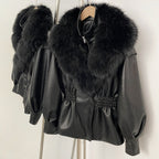OFTBUY New Women's Faux Leather Jacket with Oversized Faux Fox Fur Elastic Waist Puff Sleeves Coat Luxury Warm Winter Outerwear