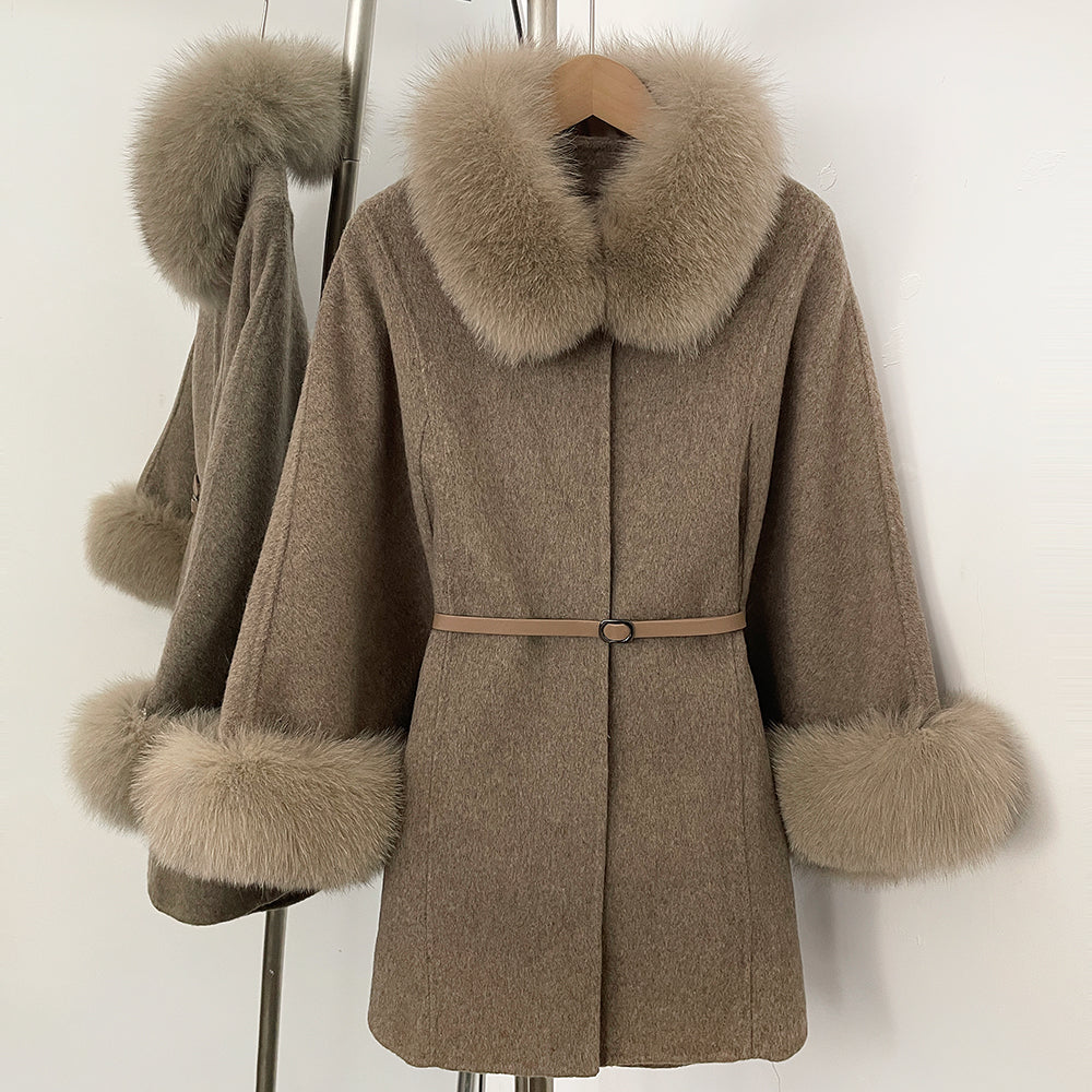OFTBUY Belt Loose Cloak Natural Fur Woolen Jacket Real Fox Fur Collar and Cuffs Wool Coat Female New Autumn Winter Clothes Lady