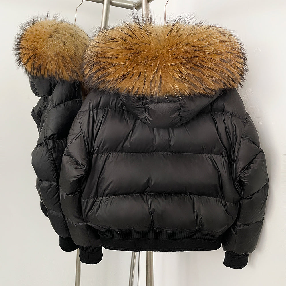 OFTBUY Big Natural Raccoon Fur Fluffy Puffer Jacket Women Knit Cuff Real Fur Collar White Duck Down Coat New Winter Top Clothes