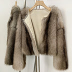 OFTBUY Luxury Collarless Faux Fur Jacket - Chic Short Fluffy Vegan Fur Coat for Women