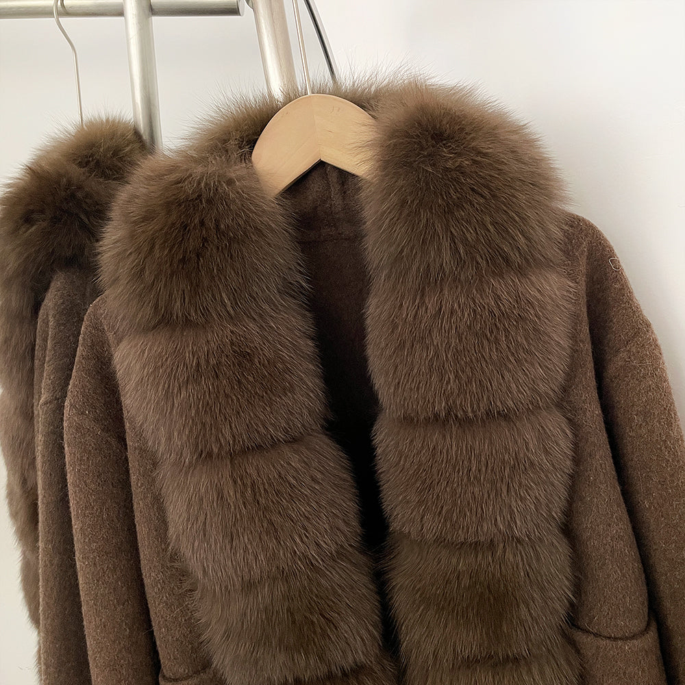OFTBUY Women's Wool Coat with Real Fox Fur Trim Luxury Jacket with Fur Cuffs New Autumn Warm Winter Woolen Clothes Outerwear