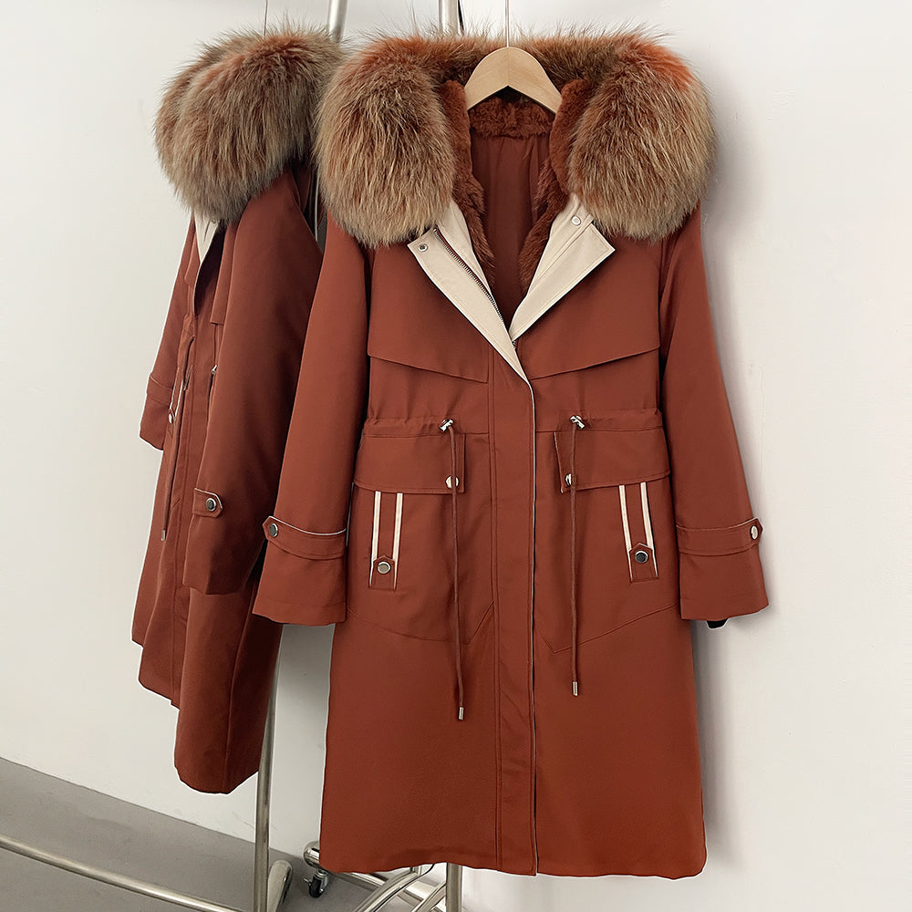 OFTBUY Long Hooded Real Fox Fur Collar Coat Women Waterproof Windproof Natural Rabbit Fur Inner Jacket New Thickened Warm Parker