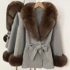 OFTBUY New Women's Double-Faced Wool Coat with Large Real Fox Fur Collar Cuffs Belted Warm Winter Elegant Fashion Outerwear Lady