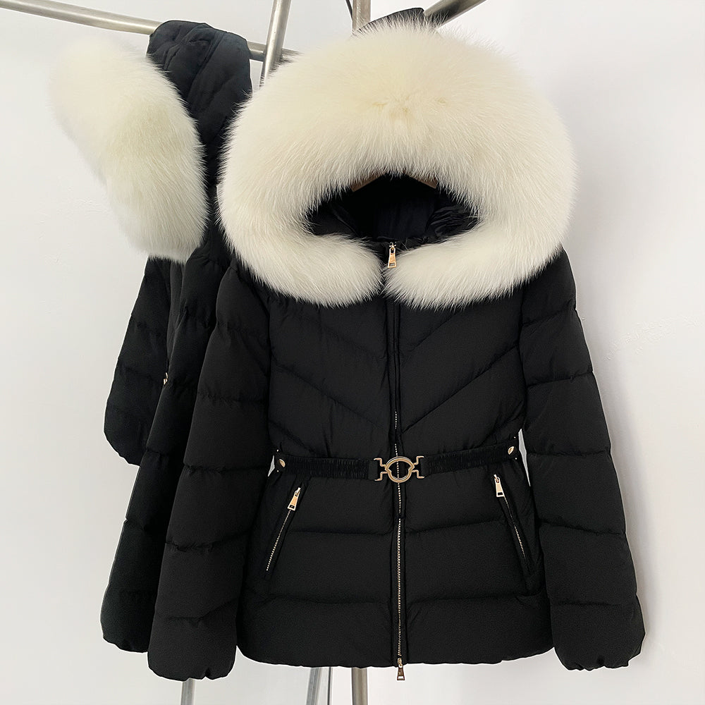 OFTBUY Belt Slim Hooded Real Fox Fur Collar Jacket Female New Winter Top Clothing Women Thickened Warm Raccoon Fur Fluffy Coat