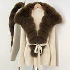 OFTBUY New Women's Knit Cardigan with Oversized Real Fox Fur Collar Belt Luxury Warm Winter Outerwear Sweater Jacket Female